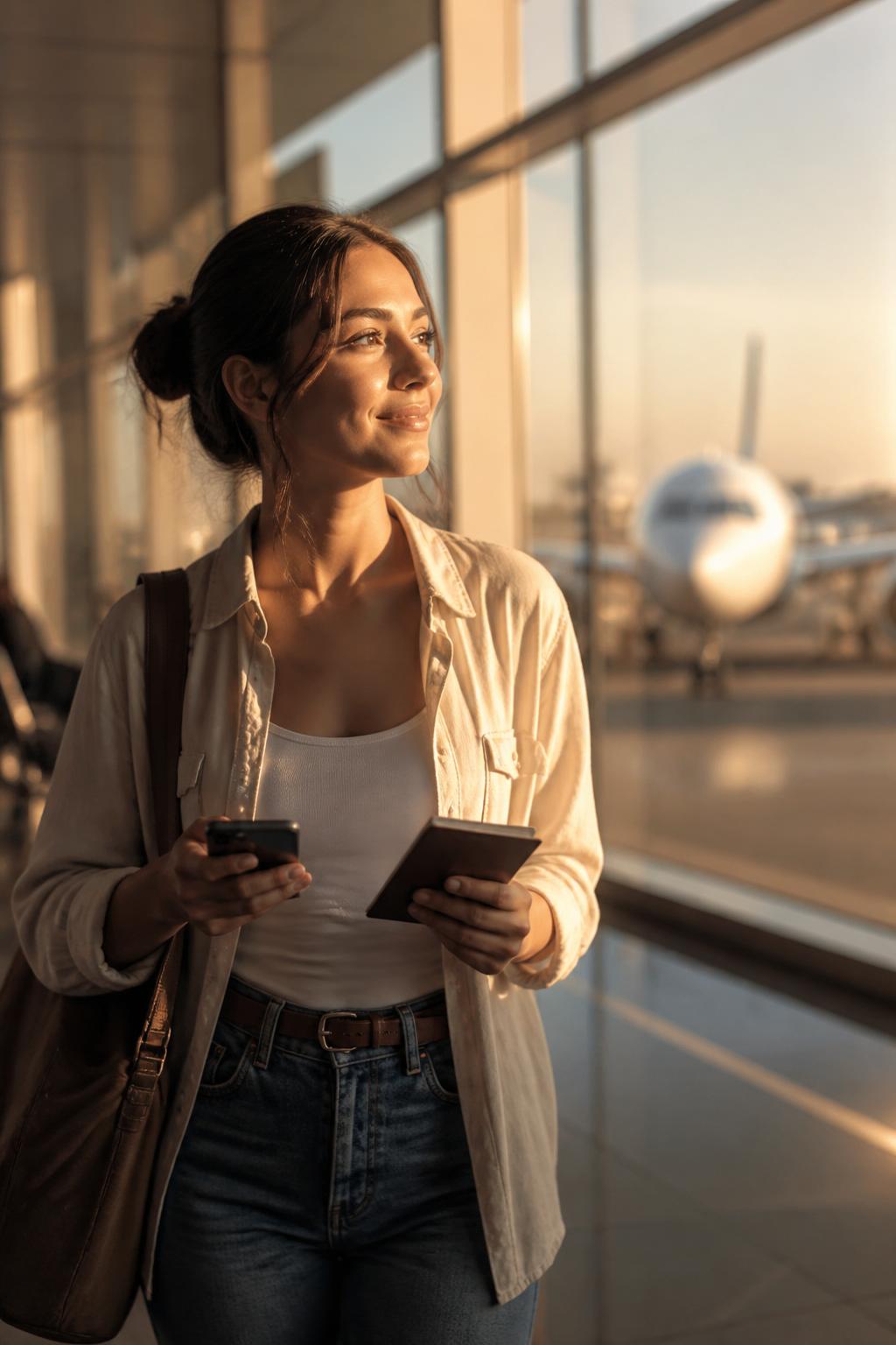 Genç bir gezgin gün batımında havalimanı kapısında pasaport ve telefonuyla bekliyor