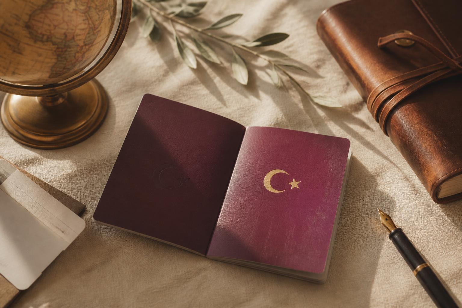 Türk pasaportu, vintage küre ve seyahat objeleri ile editörel bir flatlay
